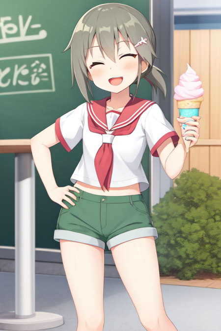 minowagin, hairclip, ponytail, 1girl, solo, one eye closed, shorts, green shorts, hand on hip, smile, open mouth, food, school uniform, chair, blush, serafuku, looking at viewer, ice cream, ;d, sailor collar