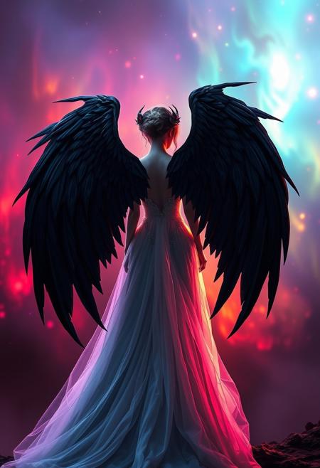 bride, Black on both sides, Volumetric lighting, Dreamyvibes Artstyle, cosmic horror, hellfire, neon aurora background, variety of colors in background, cruel yet beautiful, (wings on back, detached wings), back view, epic wings,