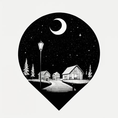 <lora:MinTattoo-000033:1>, mintat1, small town, night, lamppost, crescent moon, starry sky, moonlight, calm, peaceful