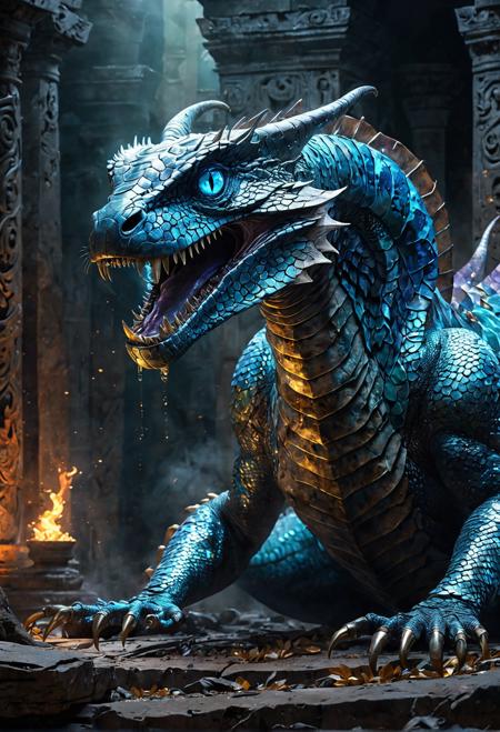 Creature: giant serpent-like being with glowing blue eyes, razor-sharp scales, and bioluminescent markings on its body separated by iridescent blues and purples, surrounded by a misty aura of shimmering silver and gold, as it emerges from the depths of an ancient temple lit by flickering torches, warm golden light, and soft luminescent orbs, camera angle: low-angle shot looking up at the creature from the ground, drawing style: watercolor, sketchbook, collage, mixed media, high-quality, 4K, detailed, ultra-HD.
