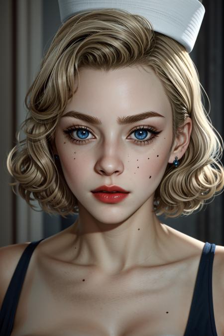 PinUpMedan, 1girl, solo, blonde hair, blue eyes, mole, looking at viewer, realistic, red lips, hat, portrait, lipstick, makeup, closed mouth, nurse cap, lips, short hair, curly hair, mole under mouth
<lora:epi_noiseoffset2:1>,   <lora:PinUpMedan:0.7>