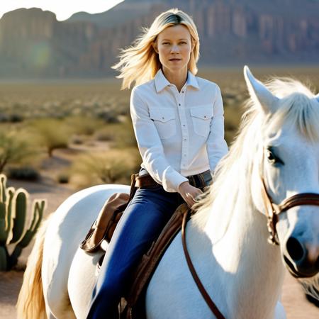 a semi close up photo of amysmart a beautiful woman, 30 years old, blonde flowing hair, wearing jeans and boots, riding on a white horse, in the desert, sun, cactus trees, utah, vultures eating a dead animal, (high detailed skin:1), evening, 8k uhd, soft lighting, high quality, digital large format, Fujifilm XT3