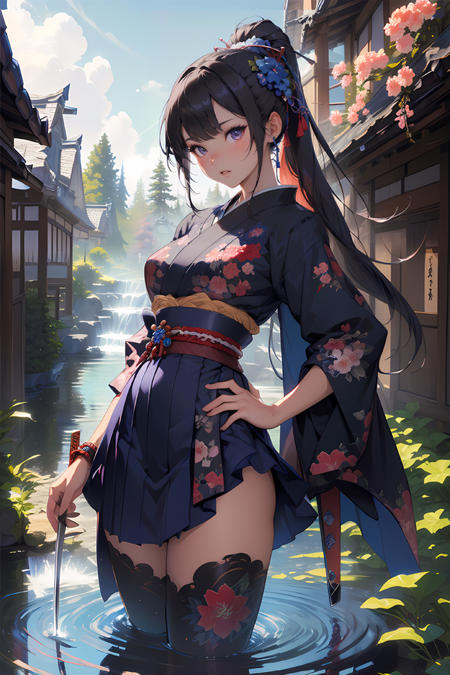 ((best quality)), ((masterpiece)), ( extreme detailed, highest detailed, official art, beautiful and aesthetic:1.2), beautiful face, solo, perfect body, full body cute blue floral girl of samurai sword, in the style of dark fantasy creatures, nightcore, mesmerizing colorscapes, changelingcore, 8k resolution, japanese prints, nature painter