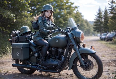 gorgeously rendered high-resolution wide-angle photograph of a ((cute female)) (1girl) dressed as a WWII German military officer riding a nz350 along a ((dirt road)) in the distance, (large breasts), detailed, hdr, 8k, lens flare, <lora:dkw_nz350:0.6>