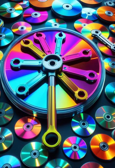 CD Repeat, Masterpiece, best quality, amazing quality, absurd, latest, volumetric lighting, UHD, SFW, vibrant colors, neon, vivid colors, wrench made of cd's, toolshop filled with CD tools , exquisite detail, digital art, realistic, highly detail, beautiful, surreal, dramatic, No_Humans,
