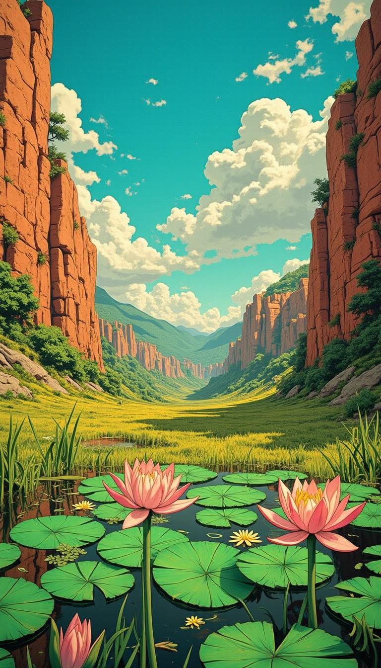 art by Pendleton Ward, anime screenshot, landscape of a Deserted Bikaner and Yuan Dynasty Coastal cliff, field and Water lily pad background, Ultra Real, specular lighting, Fish-eye Lens, Film grain, dreadmirthart