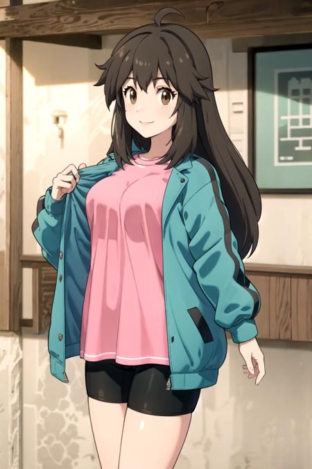 <lora:LeafSyg:0.7>, lf, pink shirt, oversized shirt, green jacket, smile, small breasts, brown eyes, bike shorts,