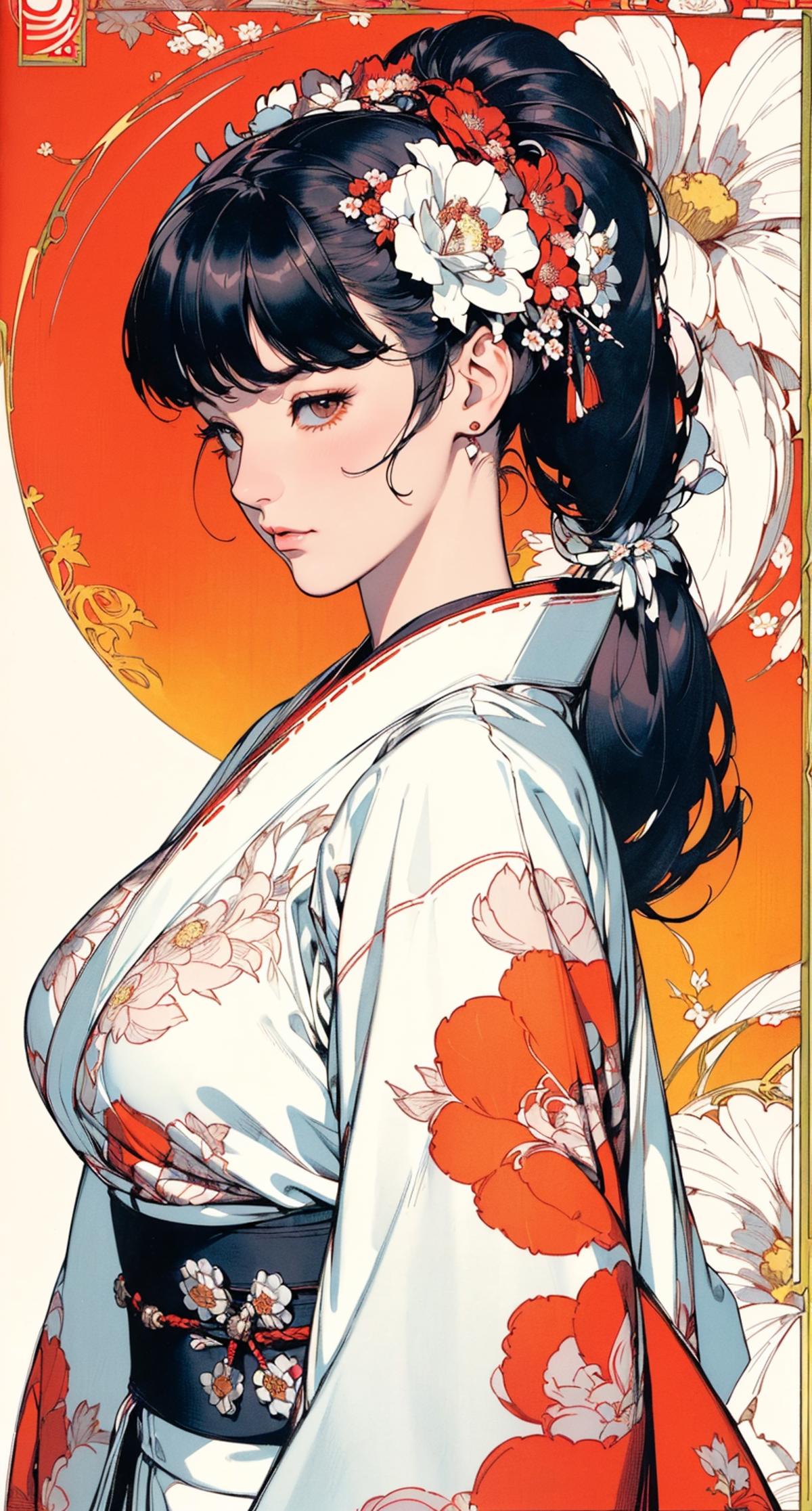 Anime-inspired illustration of a woman with a flower design on her kimono.