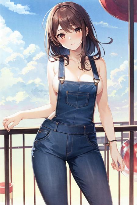 masterpiece, best_quality, 1girl, solo, naked overalls, bare shoulders, ash brown hair, medium breasts, spherical, on a ferris wheel