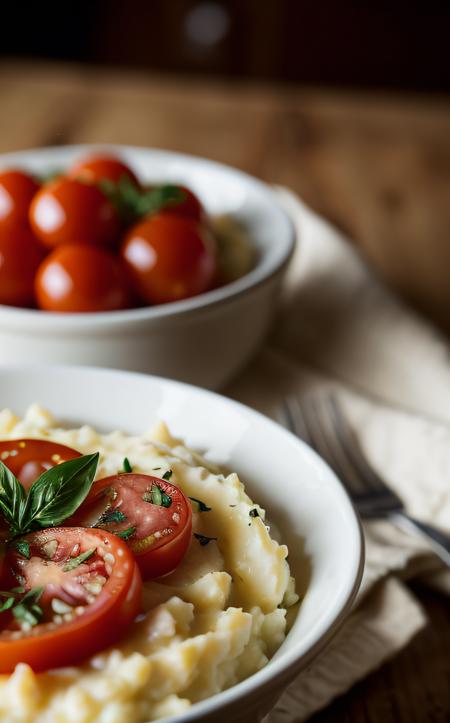 cinematic film still ((best quality)), ((masterpiece)), (detailed), 8K, close-up of a bowl of mashed potatoes with sliced tomatoes on top, creamy and smooth texture, rich golden color, vibrant red tomato slices, garnished with herbs, (photorealistic:1.4), natural soft lighting, (food photography style:1.2), shallow depth of field, overhead shot
 . shallow depth of field, vignette, highly detailed, high budget, bokeh, cinemascope, moody, epic, gorgeous, film grain, grainy