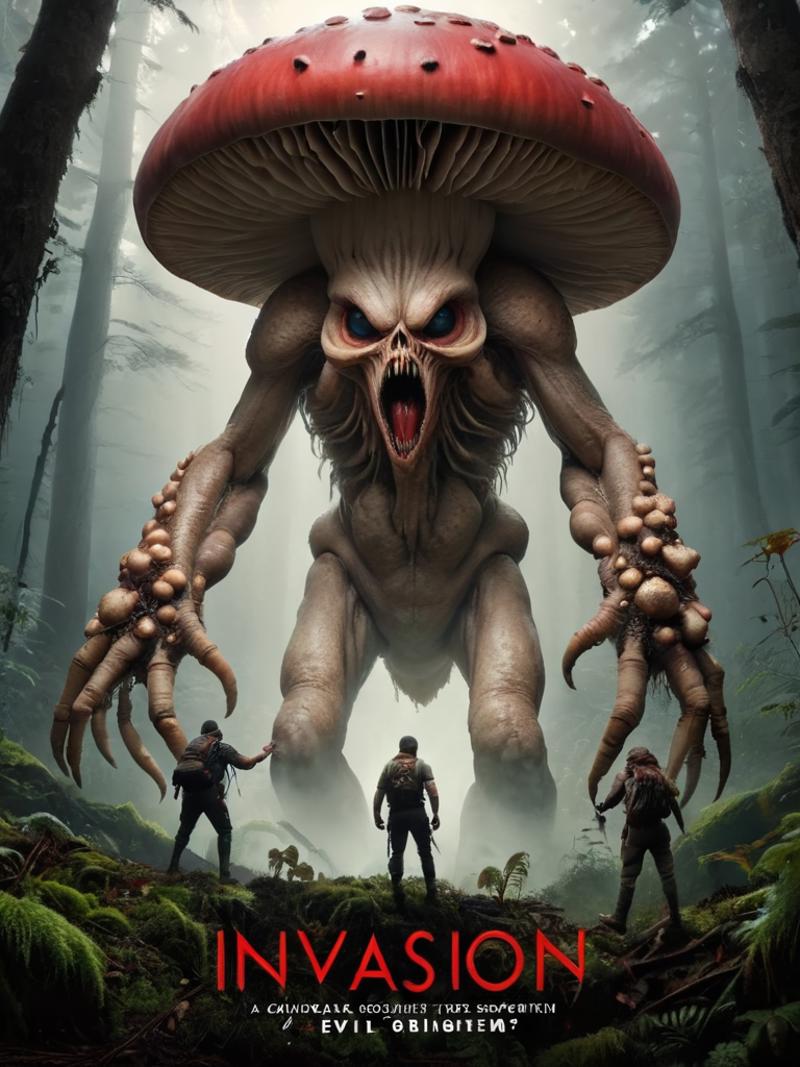 A group of people standing in front of a giant mushroom monster in a forest.