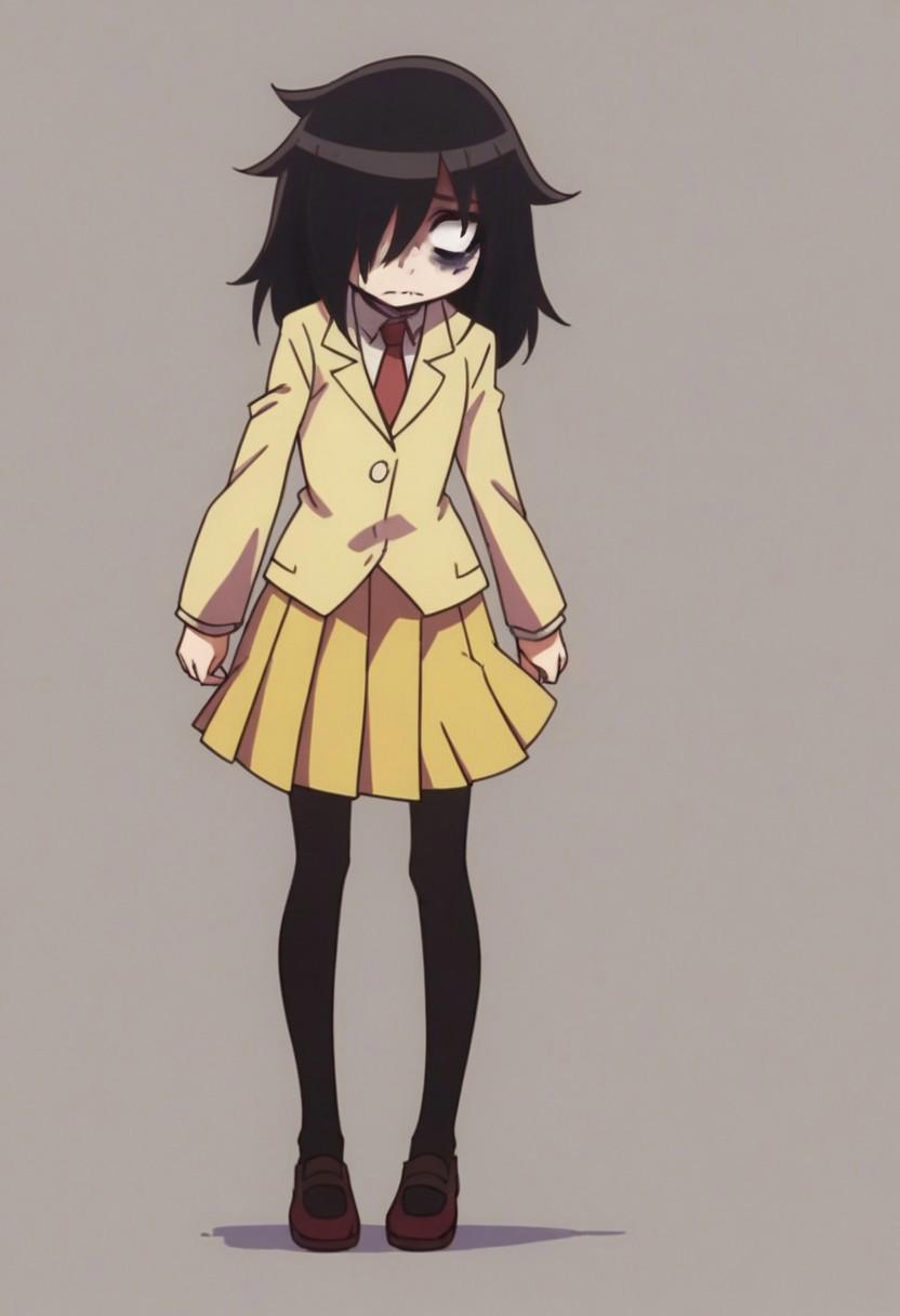 BREAK, score_9, score_8_up, score_7_up, score_6_up, sfw, 2D, 
(Tomoko Kuroki, Tomoko Kuroki from Watamote), hair over one eye, bags under eyes, black hair, school uniform, black pantyhose, red necktie, yellow skirt, pleated skirt, yellow jacket, 
(river background, stand, full-length, looks away, strong wind, hair fluttering, skirt fluttering,)