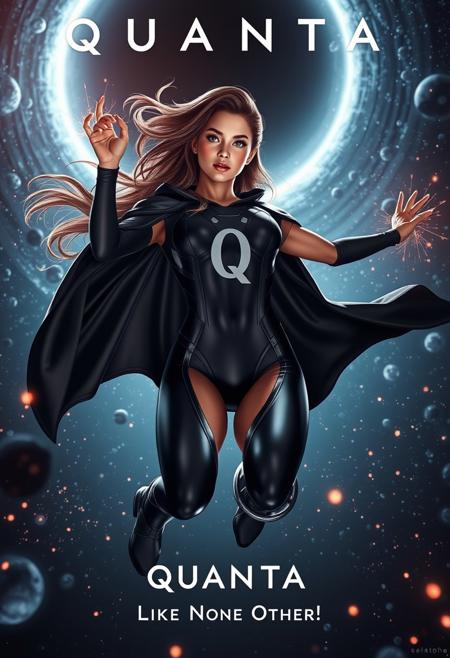 a masterpiece movie photo, A photogenic epic scene, showing Masterpiece cinematic 4k promotional photo with the name "QUANTA" written at the top in bold font, at the bottom small text says "Like None Other!", digital art, from below, poster is showing a perfect sexy hot gorgeous ((extremely fit athletic)) attractive tall ((muscular)) bodybuilding futuristic military woman in slick futuristic superhero outfit doing epic hero pose, floating in the air qith sparks around her, brown flowing hair, glowing eyes, thick thighs, very wide hips, wearing black highleg leotard with a white "Q" letter on her chest, thunder thighs, thick thighs, wearing black flowing cape, cool heroic pose, cosmic quantum blackhole background, accretion disk, asteroids field, rimlight, backlit, 80s anime inspired, dark epic sci-fi theme, 4k, bokeh, depth of field, epic mood and lighting, looking down at viewer, blushing cute smile, bokeh, alluring, seductress, sensual, depth of field, highly detailed, dynamic camera, maximalist background, masterpiece, highly detailed, maximalist, epic scene, intense, atmospheric, 4K art, absurdres
