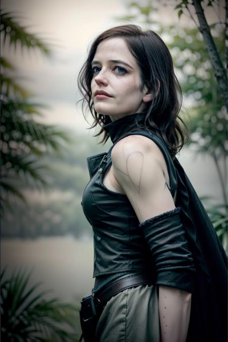 <lora:add_detail:1>,  <lora:GoodHands-vanilla:1>, <lora:eva_green-04:1> woman, ((3v4gr33n)),  solo, half shot, looking down, detailed background, detailed face, (tropical jungle theme:1.1), focus on eyes,  calm, witcher, monster slayer, wearing  sleeveless witcher armor, elaborate, visible scars,  billowing cape     dynamic pose, glowing tattoos, supernatural abilities, snowy landscape in background, misty haze, intesne action,  wind blowing,  bokeh, fantasy atmosphere,