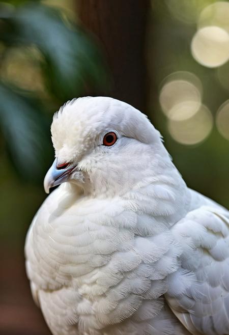 portrait, masterpiece, 4k, ray tracing, intricate details, highly detailed, hyper realistic, 8k RAW editorial photo.
an adorable white dove, head with a tilt and a slight blink. The dove is feathers should be soft and fluffy, the background should be a  forest, dramatic light, shallow depth of field, high budget,
