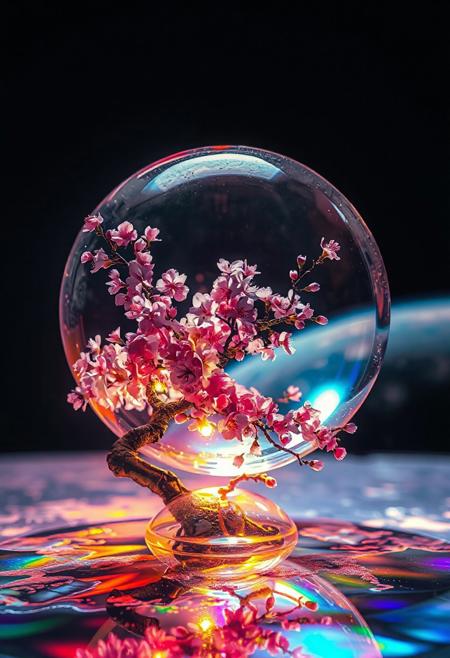 cherry blossom tree, completely transparent, reflective iridescent surface, glass art, colorful, translucent, Space, Lunar Surface, Cherry blossoms glow faintly, 
Earth in the background, 
Japanese art style, Japanese ink painting, 
best quality, sharp focus, high contrast, colorful, ultra quality, 8k, best quality,