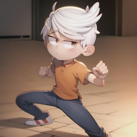 ((masterpiece, best quality)),(complex light),solo, solo focus, full body,1boy,lincoln loud, blue pants, <lora:LincolnLoud1-10:0.9>,simple background,brown eyes, white hair,smooth hair cut , fighting stance,