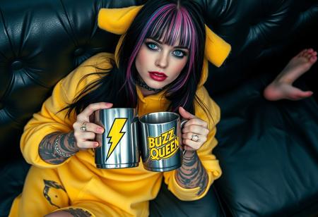“A high-definition photo of a beautiful 20-year-old goth girl lying on a black leather couch in a relaxed, seductive pose. She is barefoot and wears a Pikachu onesie, holding a large steel coffee mug with a yellow lightning bolt logo and the words ‘Buzz Queen’ in bold letters. She has black hair with pink and purple highlights, framing her face, with striking blue eyes highlighted by black eyeshadow and black-and-metallic purple lipstick. Her tattoos are vivid and intricate, adding to her unique look. 8k detail, full body.”