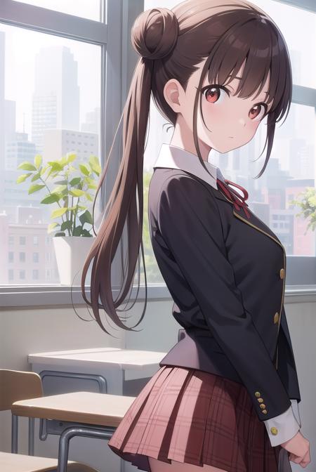 chiyokosonoda, <lora:chiyokosonoda-lora-nochekaiser:1>,
chiyoko sonoda, brown hair, (red eyes:1.5), hair bun, long hair, double bun, sidelocks,
BREAK brown skirt, buttons, collared shirt, dress shirt, miniskirt, neck ribbon, plaid, plaid skirt, pleated skirt, ribbon, school uniform, shirt, skirt, white shirt, yellow ribbon,
BREAK indoors, classroom,
BREAK looking at viewer, cowboy shot,
BREAK <lyco:GoodHands-beta2:1>, (masterpiece:1.2), best quality, high resolution, unity 8k wallpaper, (illustration:0.8), (beautiful detailed eyes:1.6), extremely detailed face, perfect lighting, extremely detailed CG, (perfect hands, perfect anatomy),