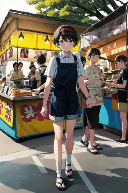 masterpiece, best quality, ultra-detailed, illustration,
omatsuri, food stand, multiple boys, food, shirt, outdoors, scenery, short hair, multiple girls, tree, holding, black hair, apron, day, sandals, 3boys, standing, headband, shorts, brown hair, walking, 
<lora:omatsuri_V4_1.0_OUTD_Resize_DIM8:1>