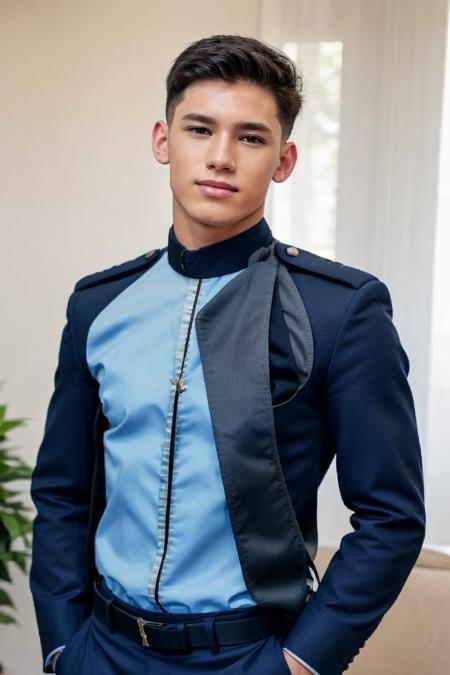realistic, sfw, an attractive 18 years old fit caucasian boy standing, smug, full body shot, police uniform, <lora:_sergio_azuaga_lora:0.7>, _sergio_azuaga,