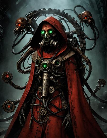 (wide angle:1.3, full body shot:1.3), dark sci-fi. Exquisite techno-cultist in techno gothic temple, washed up red flowing modest ornate hooded techno-priestess dress (made from black circuit board), (face-covered:1.2) techno-cultist mask, (multiple:1.2) arms, (mechanical tentacle arm:1.1) with claws,   mechanical (green:1.1) eyes, half skull half cog, rust, dirty red robes with oil stains, asymmetrical, (respirator:1.1), massive (backpack:1.2) with arms, gothic  <lora:Mechanicus-000005:0.8> , Mechanicus, <lora:add-detail-xl:2.5>, best quality, masterpiece, perfect anatomy, highres, ultra-detailed, 8k wallpaper, illustration, texture, detail, unique, aesthetics, HDR, extremely detailed CG, beautiful detailed eyes, dynamic lighting, cinematic lighting, perfect face, ray tracing