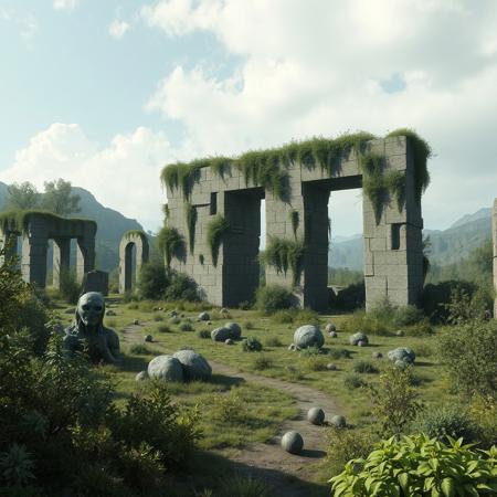An ancient monolithic structure sits inactive and overgrown after millennia of inactivity. The landscape around it is covered in alien wildlife and flora.
