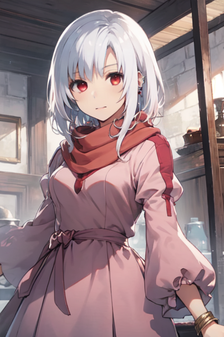 ZirconiaTakarakuji, 1girl, solo, red eyes, long sleeves, dress, jewelry, white hair, scarf, bracelet, pink dress, 