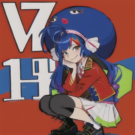 red background, yandere, bright red, bright colors, 1girl, navel exposed outfit, militar uniform, rock, squat, bow, winner gesture, (from front: 1.3), <lora:Otomachi_Una-06:1.2>, blue hair, superhero