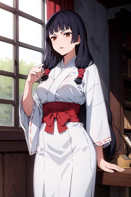 masterpiece, ((ultra detailed background, delicate pattern, intricate detail)), (highly detailed, fine details), best quality, beautiful lighting, ((medium breasts, slim girl)), Utahime, 1girl, solo, black hair, long hair, brown eyes, japanese clothes, twintails, miko, blunt bangs, red hakama, complex detailed background, inside, castle room environment, medieval castle, gray walls, window, bookshelf, (cowboy shot), <lora:Utahime:0.75>