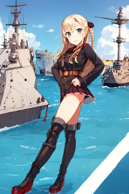 ((masterpiece,best quality)), (1girl, solo), blonde hair, blue eyes, bare legs, ((battleship, ship)), standing on ship, naval uniform, navy, kriegsmarine, day, cannon, hair ribbon, military uniform, long hair, looking at viewer, german army, outdoors, military jacket, standing, sea, thighs, microskirt, boots, no panties, facing viewer,  <lora:wilhelmina V1.1:1>