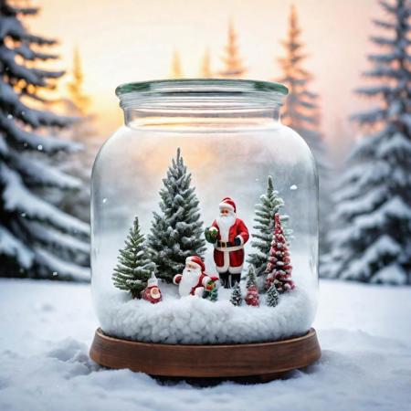 glass snow jar terrarium filled with many snowy christmas tree and Santa Claus, foggy morning, dreamy, mist, background sunrise