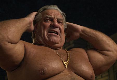 (photo, realistic, raw), (nighttime, at night, dark, dark hard shadows, cinematic atmosphere, movie grain, hazey atmosphere), closeup from below, (brute, etherial, spiritual, emperor, king, god), old burly buff gentleman, old manly mature man, combed back hair,  doublechin, old tanned grandpa, wrinkly neck, proud big chest, thick neck, armpits, tanned skin, tight golden spandex, gold jewellery, gold necklace, in a dark locker room at night, nighttime, arrogant disgusted disappointed smile, intimite situation, romantic atmosphere, stern, serious, angry, sad expression, belly and pecs from below