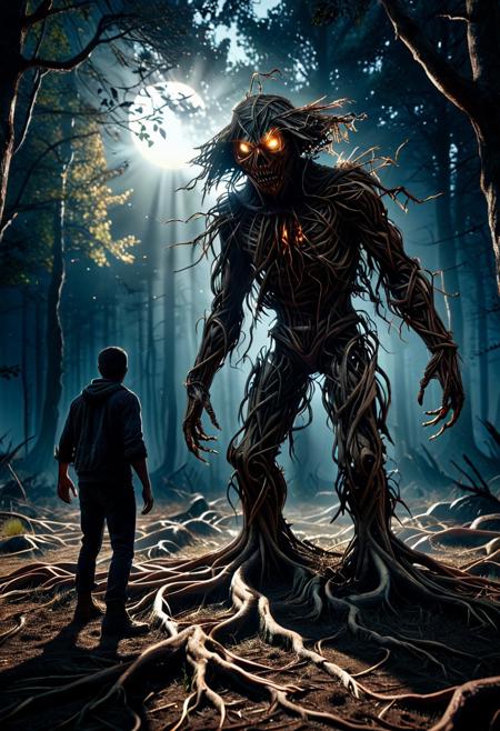 A terrified man in a desolate field at night, looking over his shoulder with fear. A massive, shadowy creature looms in the background, its glowing eyes piercing through the darkness. The atmosphere is eerie and tense, capturing the feeling of being hunted by something supernatural. Cinematic, ultra-realistic, 8K resolution, horror aesthetic. Scarecrow style. The size of two people
made out of forest and roots. Very detailed forest and roots background. Bokeh, depth_of_field, masterpiece, absurdres, vibrant, dynamic pose, dynamic dramatic angle, sun rays, sun enlighten, very colorful, highly detailed, , An artistic marvel, merging rich comic book aesthetics with ultra-HD sharpness and striking 8K depth. Meticulous craftsmanship ensures that every nuance of the motif shines in extraordinary resolution.