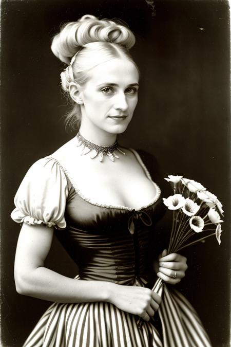 barnum, closeup portrait of  happy 1 woman Joanna blonde  dancer acrobat (epic costume:1.1)  1850,  (silk scarf:1.2) holding flowers, (circus sideshow in background:1.1)