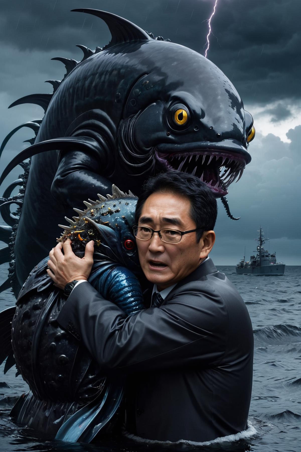 A man hugging a giant sea monster.