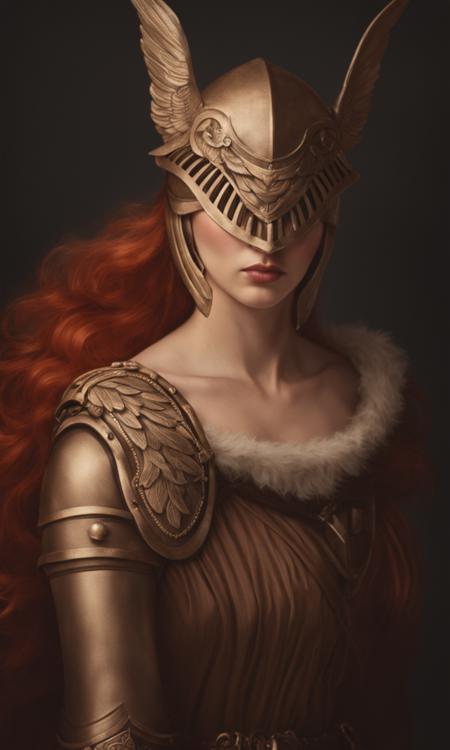 malenia, 1girl, red hair 1girl, solo, long hair, portrait, upper body, winged helmet, sad, brown dress, photo, high detail, 50mm, f2.4, extremely ornate, elegant, art by artgerm and rossdraws