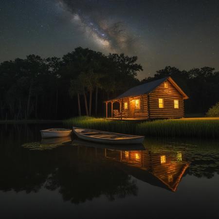 At night, a small row boat lied moored at a dock next to a brightly lit but old cabin that rests on the riverbank in the middle of the bayou