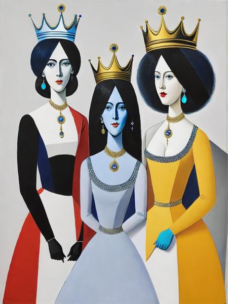 <lora:GeorgeCondo:1>a painting of three women dressed in different colors and sizes with a crown on their head by George Condo