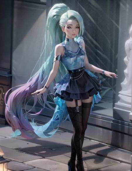 high detailed, 8k, highres, (k/da all out seraphine), league of legends, k/da \(league of legends\), cowboy shot, 1girl, solo, aqua hair, gradient hair, multicolored hair, blue eyes, lips, long hair, long ponytail, ponytail, earrings, jewelry, armlet, bracelet, choker, ice wings, blue dress, layered clothing, black skirt, single bare shoulder, thighhighs