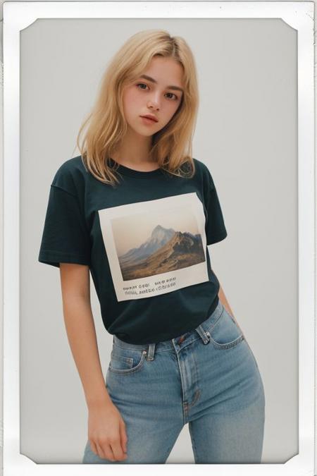 analog photo, a cute girl, 22 years old, dirty blonde hair, buff, gigantic tits, white background mountain, vintage, faded film, lifting tshirt, film grain, polaroid