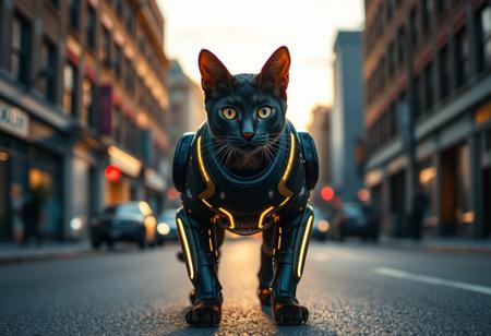facing camera, beautiful cat's head, on a navy blue cyborg cat's body with gold trim, face and eyes and neck are normal, neon lights outline legs and body, bright studio lights are lighting face, walking down a city street on all four paws, at dusk, sun is behind but not visible