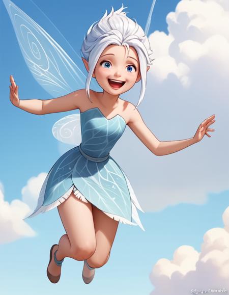 Tinkerbell, fairy, pointy ears, blonde hair, blue eyes,  Periwinkle, fairy, pointy ears, white hair, blue eyes, blue dress, short hair,  Vidia, fairy, pointy ears, black hair, green eyes, ponytail, pink dress,  Silvermist, fairy, pointy ears, black hair, brown eyes, very long hair, green dress Fawn, fairy, pointy ears, ponytail, long hair, brown hair, brown eyes, brown dress, braid, hairband,  Iridessa, fairy, pointy ears, very short hair, black hair, brown eyes, yellow dress,  Rosetta, fairy, pointy ears, brown hair, green eyes, long hair, red dress, 