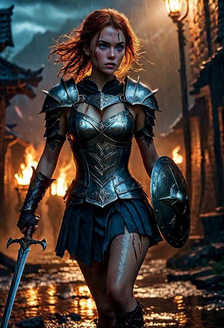 Ultra detailed digital art masterpiece Warrior girl dressed in a iron Armor and mini skirt, Standing on a bloody and stormy battlefield, standing in combat pose, dark fantasy medieval Town, perfect lighting, beautiful Sadie Sink as Warrior girl, attractive woman, elegant, sinewy athletic body, unreal engine 5 nanite quality, mixed with dark elements, dark environment, very cold winter night, clean dark velour witch clothing, LOTR style, dark washed out eyeliner, no make up, natural bloody face, realistic blue eyes, ultra detailed atmospheric details, beautiful glowing effects, sparkle effects, realistic body proportions, beautiful face proportions, complex masterpiece, wavy red hair, creative glowing detailed tattoos, complex physics, enhanced colors, complimentary colors, ultra detailed raytracing reflections, Ultra detailed complex background, environment feels alive, direct eye contact, dramatic lighting, wet and sweaty skin, beautiful firm Breasts, Concept art portrait by Greg Rutkowski