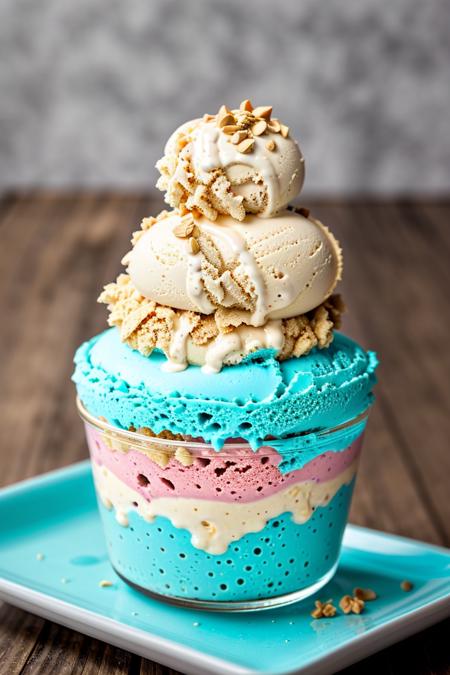 masterpiece, high quality, best quality, blue bubble gum ice cream on glass, foodphoto, <lora:foodphoto:0.6>,