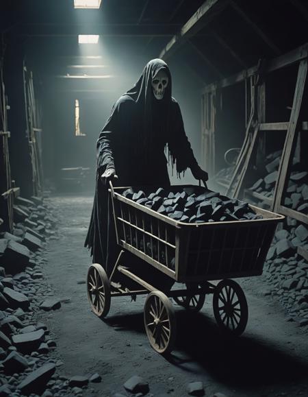 medium full shot shot, A ghostly figure pushing a cart of coal in an abandoned mine., (High Fantasy Art Magical mythical enchanted epic enigmatic spellbinding :1.3)