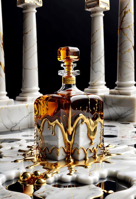 Liquid Marble floor, detailed, ultrarealistic, gold dripping, liquid marble decanter, liquid marble whiskey glasses,
