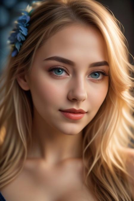 A close-up portrait of a woman with long blonde hair and blue eyes. The woman's hair is tied back with a wreath of blue flowers on her head. Her eyes are a piercing blue. Her eyebrows are a darker shade of blue and her lips are a lighter shade of pink. The background is blurred, creating a soft focus on the woman's face.