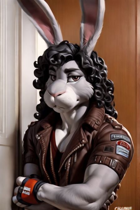 Spike Rabbit Rabbit Ears Grey Fur Long hair, black hair, jheri curls Fingerless Gloves leather jacket