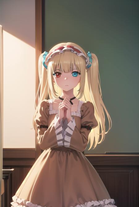 kobatohasegawa, <lora:kobato hasegawa s2-lora-nochekaiser:1>,
kobato hasegawa, long hair, blonde hair, (red eyes:1.3), blue eyes, (heterochromia:1.5), two side up,
BREAK dress, hairband, frills, long sleeves, puffy sleeves, juliet sleeves, (brown dress:1.3),
BREAK indoors, classroom,
BREAK looking at viewer, (cowboy shot:1.5),
BREAK <lyco:GoodHands-beta2:1>, (masterpiece:1.2), best quality, high resolution, unity 8k wallpaper, (illustration:0.8), (beautiful detailed eyes:1.6), extremely detailed face, perfect lighting, extremely detailed CG, (perfect hands, perfect anatomy),